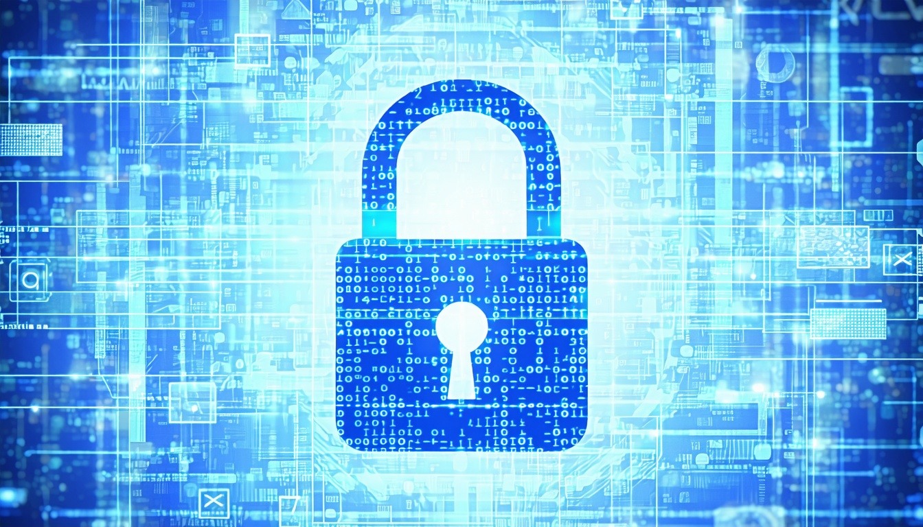 A graphic depicting a padlock over a digital scree